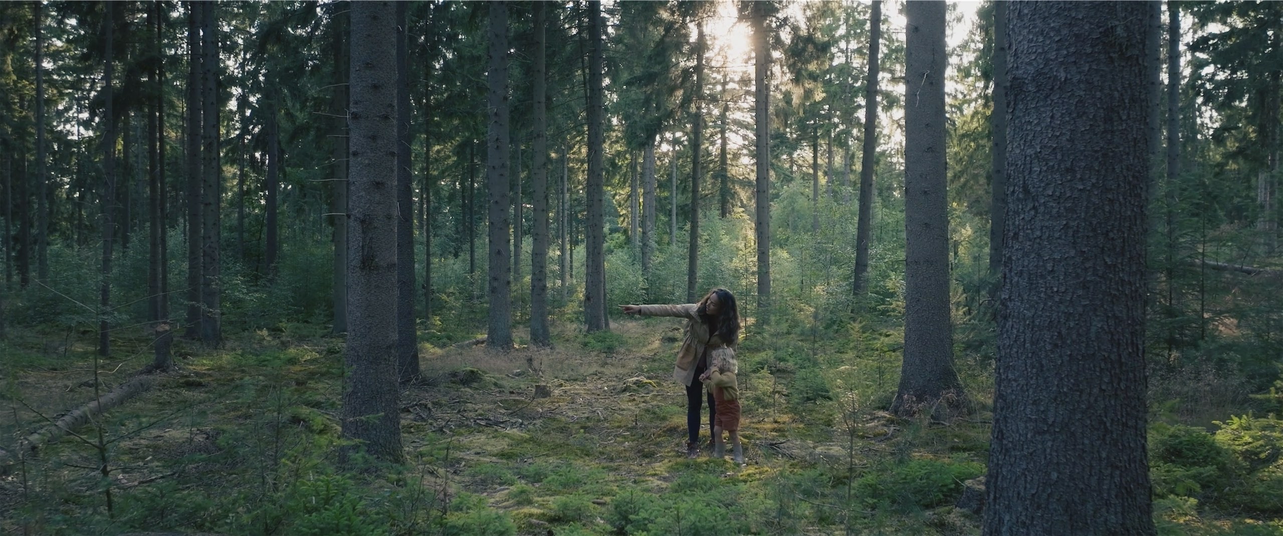 This image shows a mother carrying her dauther in the woods and pointing at something that they see.jpg